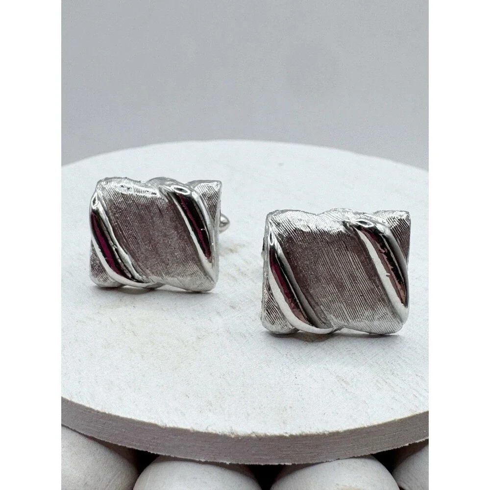 Swank Textured Silver Tone Wavy Rectangle Cufflinks MCM Mid Century Modern